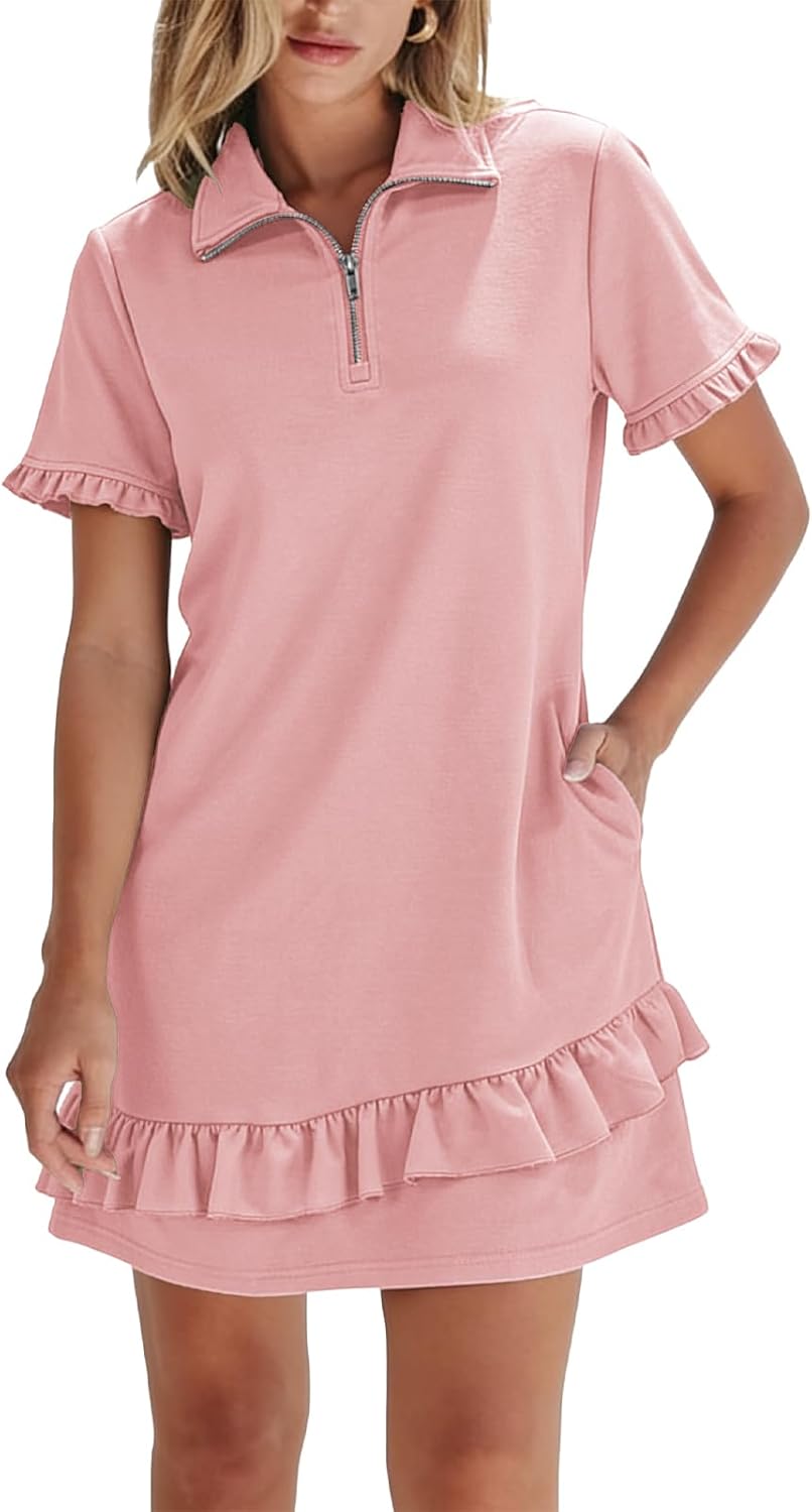 Alaster Queen Women's Casual Shirt Dresses Summer Half Zip Polo Collar Ruffle A-line Short Tennis Dress with Pocket