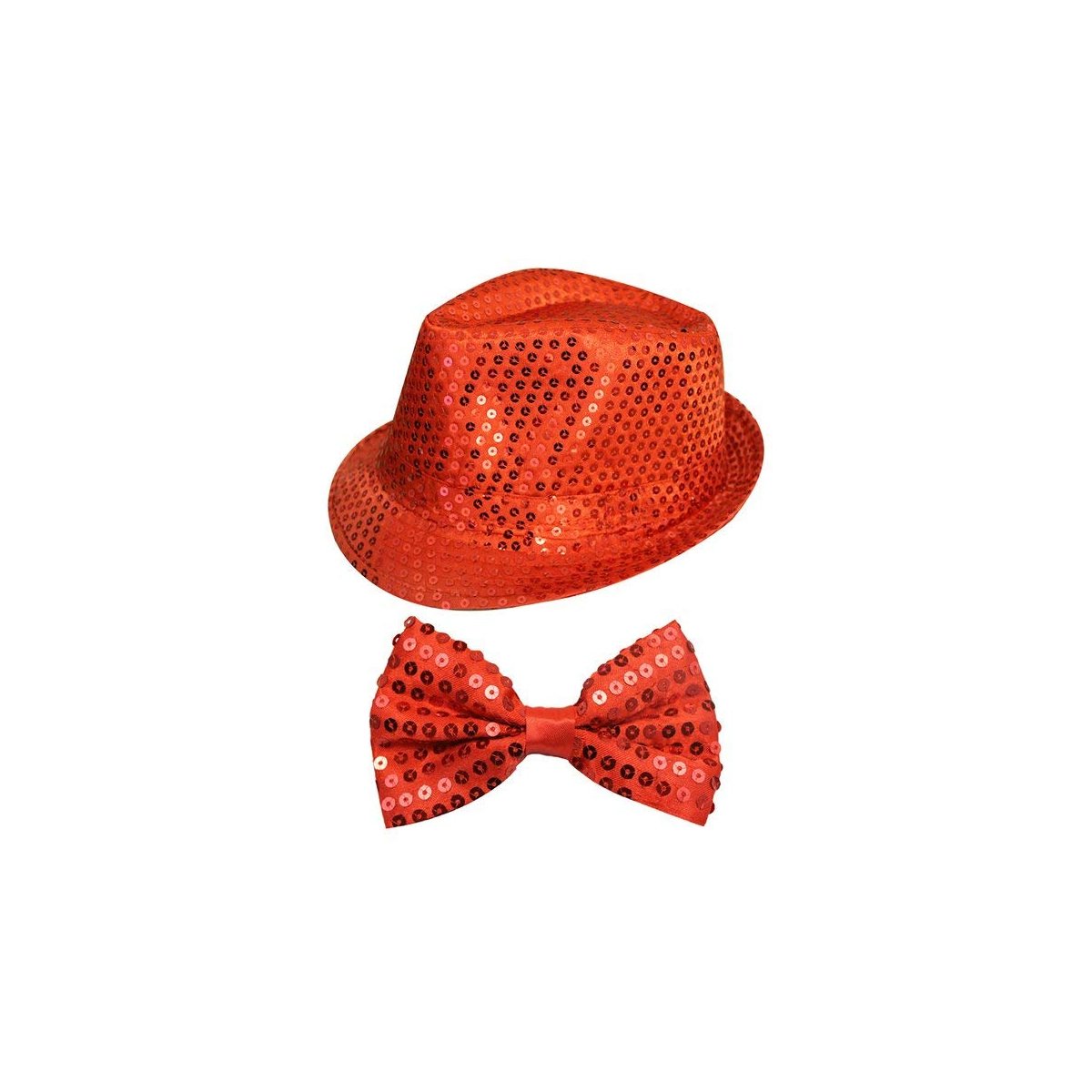 WickedFun® Girls Ladies Women's Men's Sequin Fedora Hat & Sequin Bow Tie Set Perfect For Dance Show and Stage Show Hen Night Fancy Dress (Red)