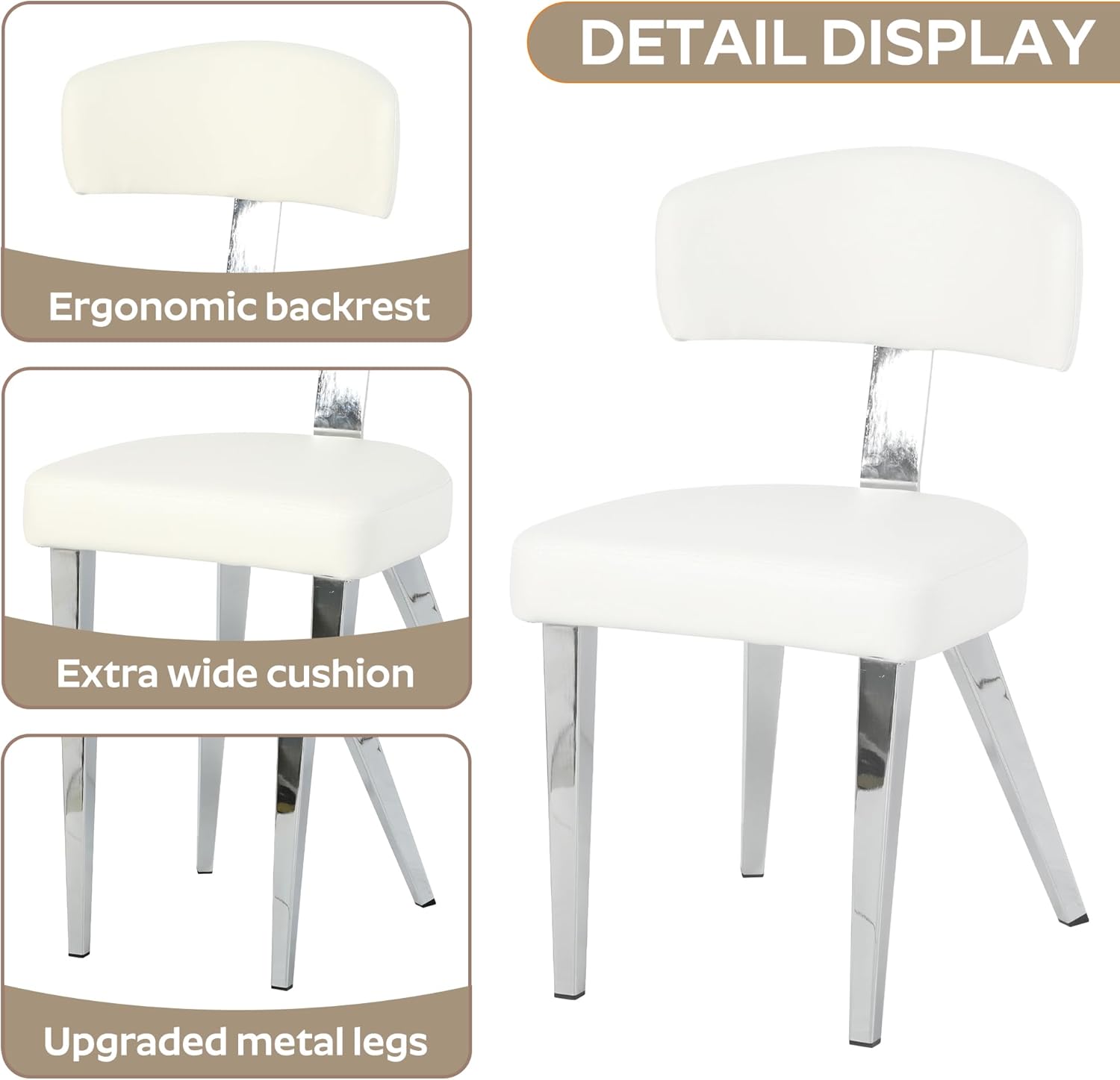 Mid-Century Dining Chair Set of 6, Upholstered Kitchen Chair with T-Shaped Back, Faux Leather with Silver Metal Legs, Comfortable Padded Seat for Dining Room, Kitchen, Living Room, White