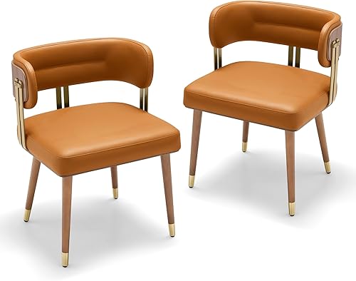 Miniatura 19 de ARTPLAN Mid-Century - Juego de 2 sillas de comedor tapizadas de cuero con chapa de madera de nogal y patas de metal dorado, cojín de espuma de alta