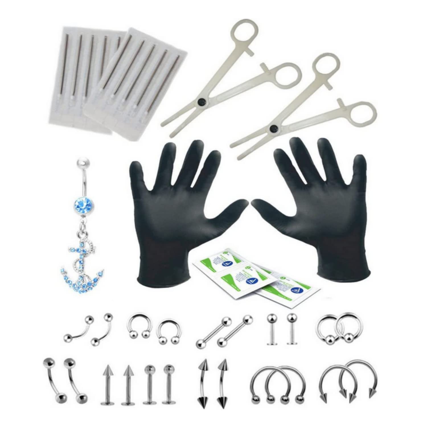 SKEIDO 1Set/36PCS Tongue Eyebrow Nose Belly Button Body Jewelry Piercing Rings Clamp Gloves Needles Tool Kit Ear Plug Prong Studs