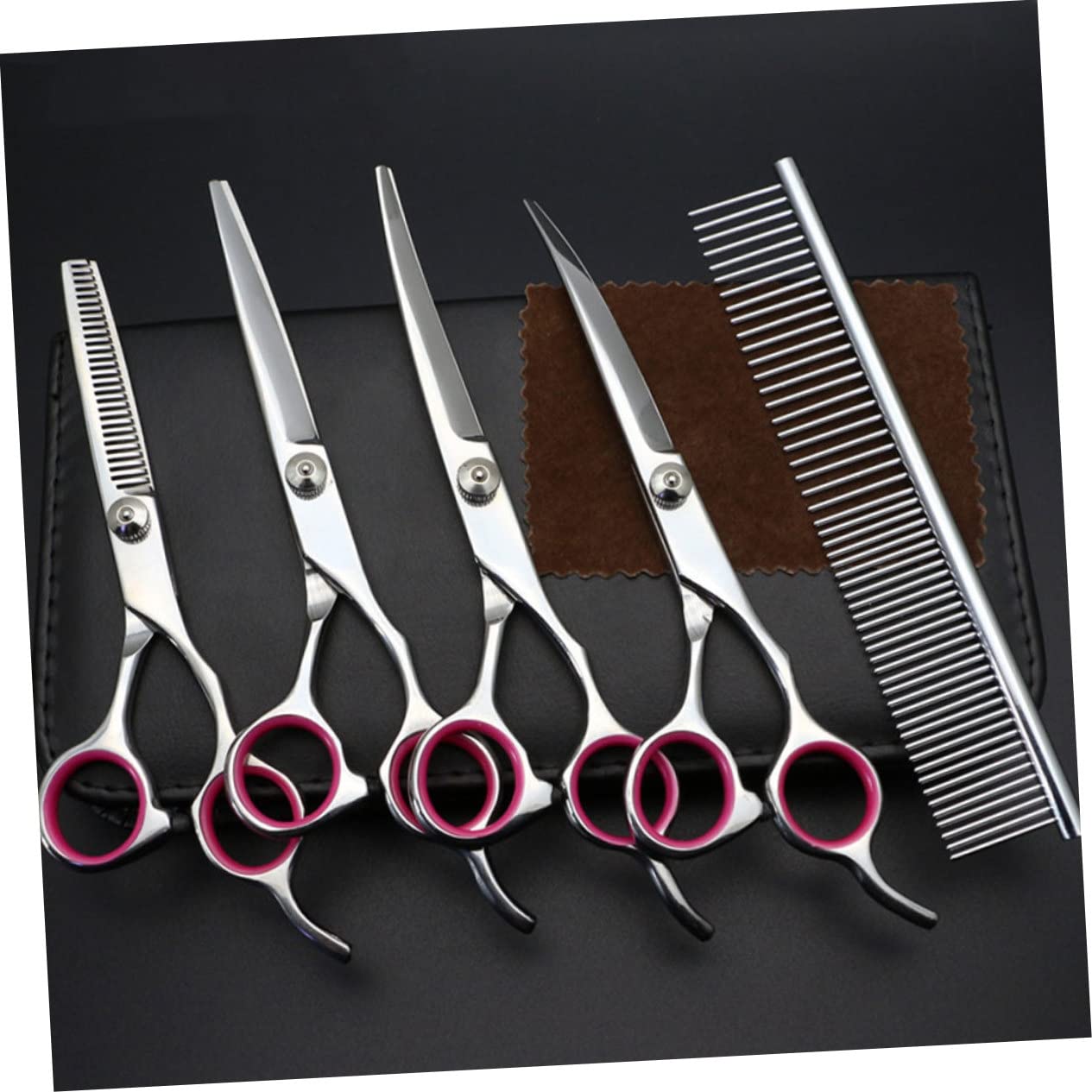 Set Forbici Toelettatura Animali 7 Pollici, 5 Pezzi in Acciaio | Lama Non Smussata, Argento, Include Pettine Dentato e 4 Varianti Curvo, Curvo Giù, Dritto