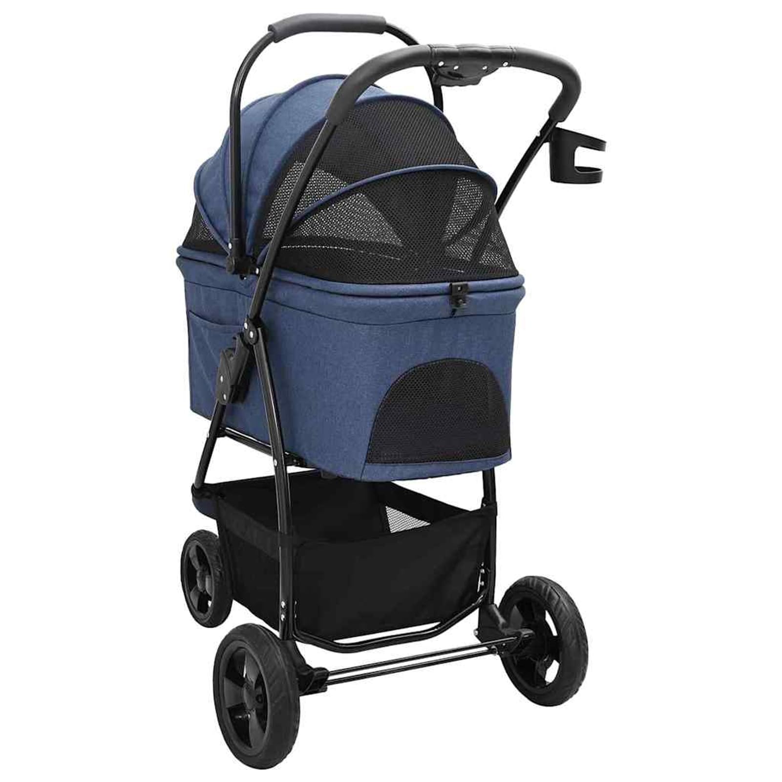 Passeggino per Animali Domestici Pieghevole, Blu, Portata 25 kg, Telaio Acciaio, Ruote Girevoli, Tasche Laterali, Cestino Inferiore, Chiusura a Pedale, per Cane e Gatto