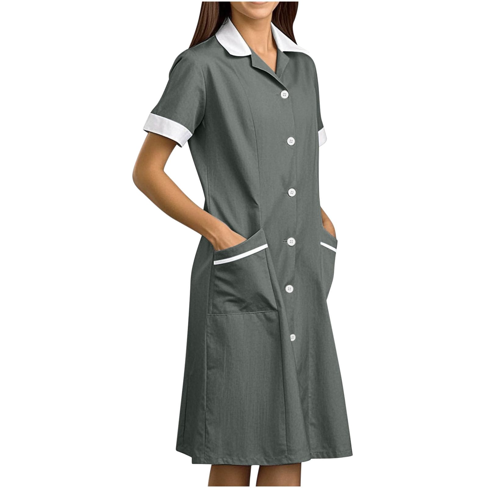 HGps8w Nurses Scrubs Dress Button Front Uniforms Workwear Knee Length Casual Short Sleeve Nursing Dresses with Pockets