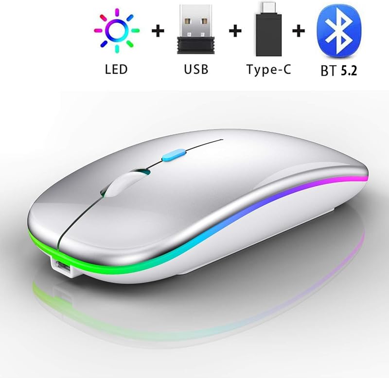 Wireless Bluetooth Mouse for MacBook Air/Mac/Pro/Laptop/Computer/PC,Rechargeable Dual Mode Switch Mouse Bluetooth 5.2/3.0 and 2.4GHz USB Receiver (Silver)
