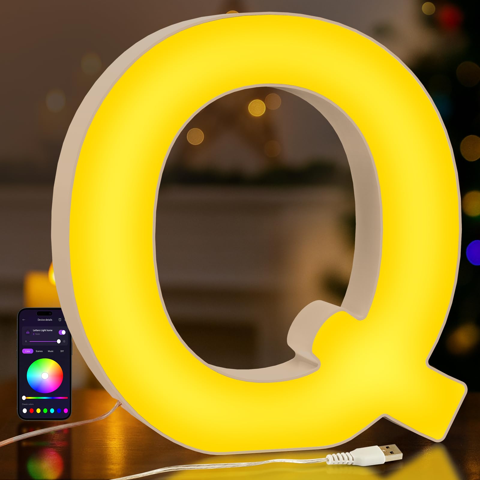 UooEA LED Light Up Letter Q – USB Colour Changing Night Light with APP, Gift for Girls, Teens, Mum, Bedroom Decor, Wall/Table Display, Birthday & Christmas