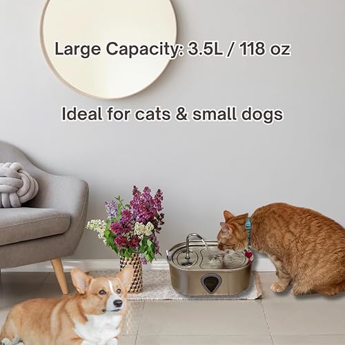 Miniatura 7 de Fuente de agua para gatos de acero inoxidable  Dispensador automático de agua para mascotas de 3.5 L118 onzas con luz LED, bomba silenciosa, 4