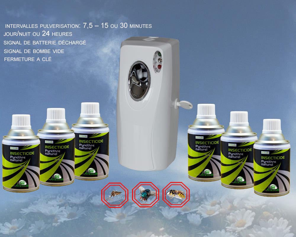 Insecticide Au Pyrèthre Végetal, Aérosols 6x250ml avec Diffuseur Automatique, Anti Mouches, Moucherons, Moustiques, Mites, Punaises de Lit