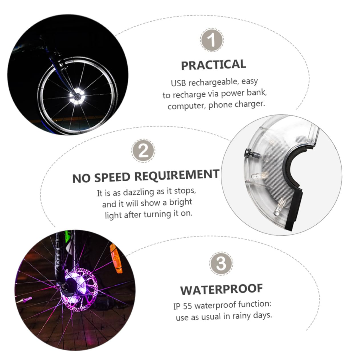 INOOMP 3pièces Lumière De Roue De Vélo LED Rechargeable USB Lampe De Sécurité Étanche pour Cyclisme Nocturne avec Modes De Couleurs