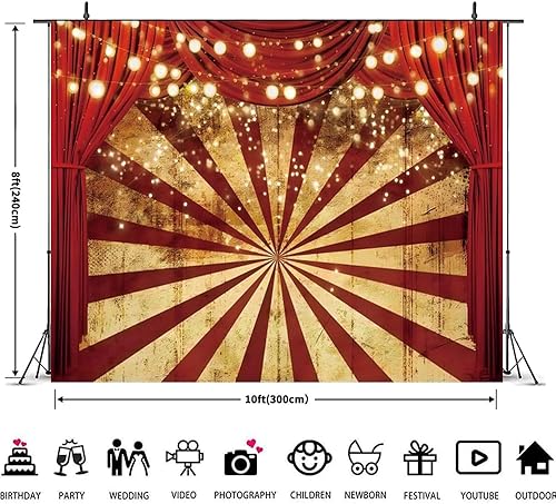 Miniatura 3 de Telón de fondo de circo de 10 x 8 pies para fiesta temática de carnaval, fondo rojo de cortina para baby shower, fiesta de cumpleaños, pancarta de