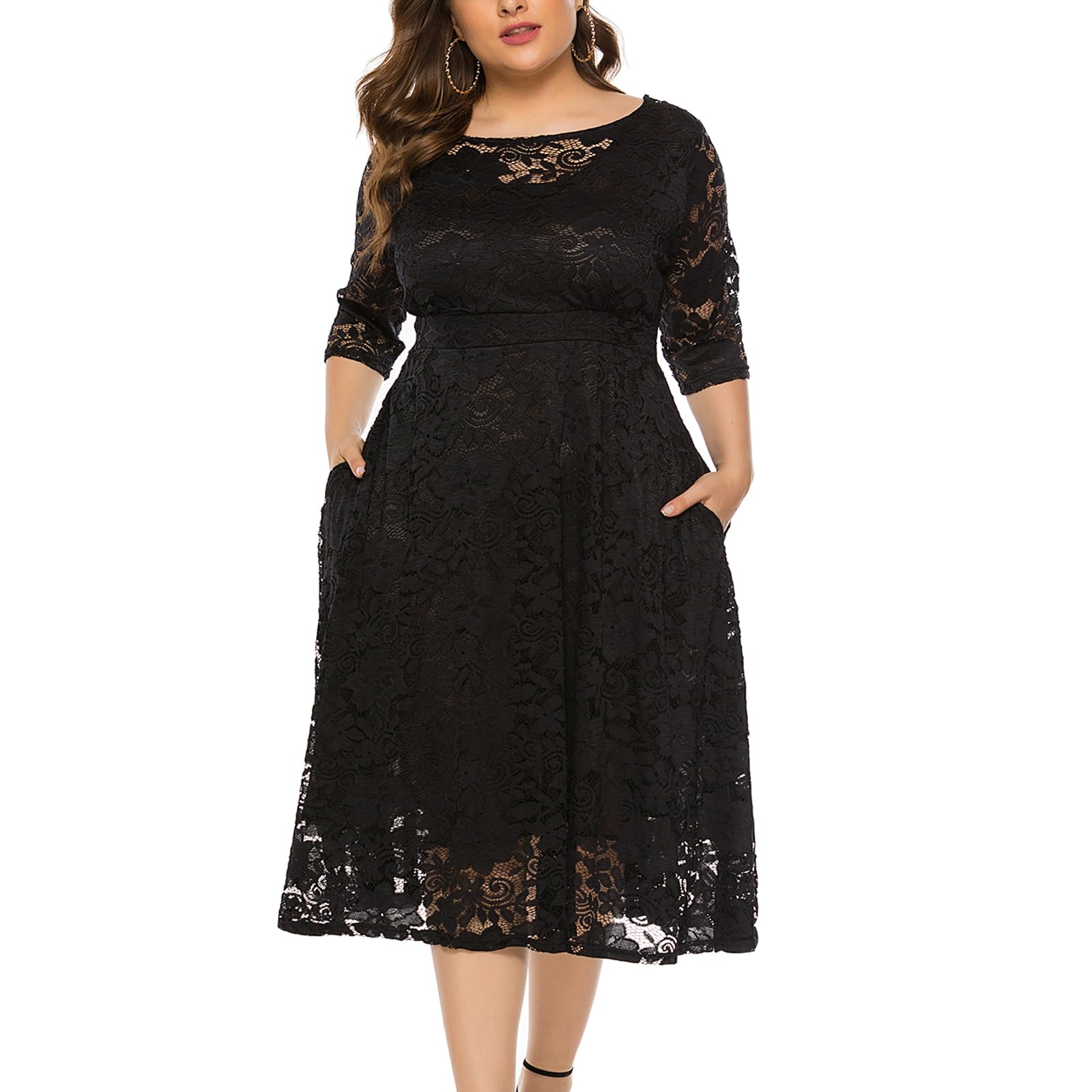 Womens Floral lace Plus Size Midi Dress Scooped Neckline Cocktail Party Dresses