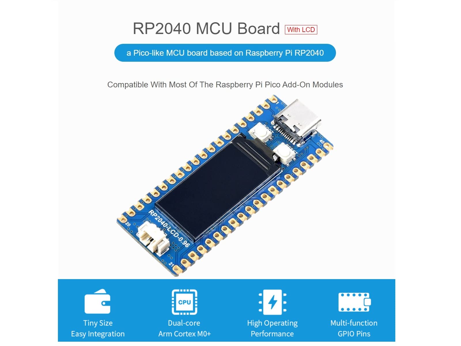 RP2040-LCD-0.96 Mini Development Board Based on Raspberry Pi Microcontroller RP2040,High-Performance Pico-Like MCU Board,Onboard 0.96 inch LCD,Low-Cost, USB-C Connector - 3