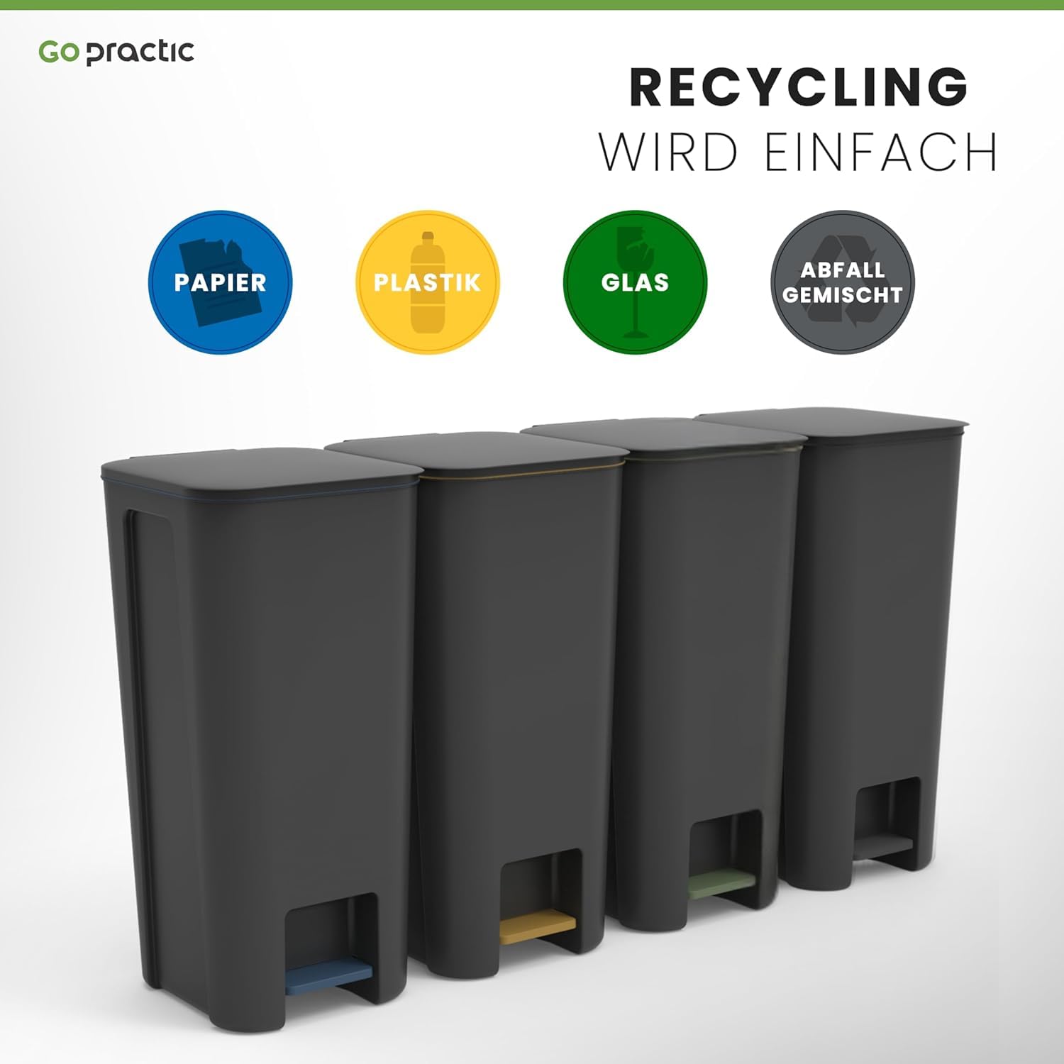 Treteimer Set 3x40L Grau, Tretmülleimer mit Pedal und Deckel, Mülleimer, Mülltrennsystem für Papier, Kunststoff, Glas, Küchenmülleimer Recycling, Küche