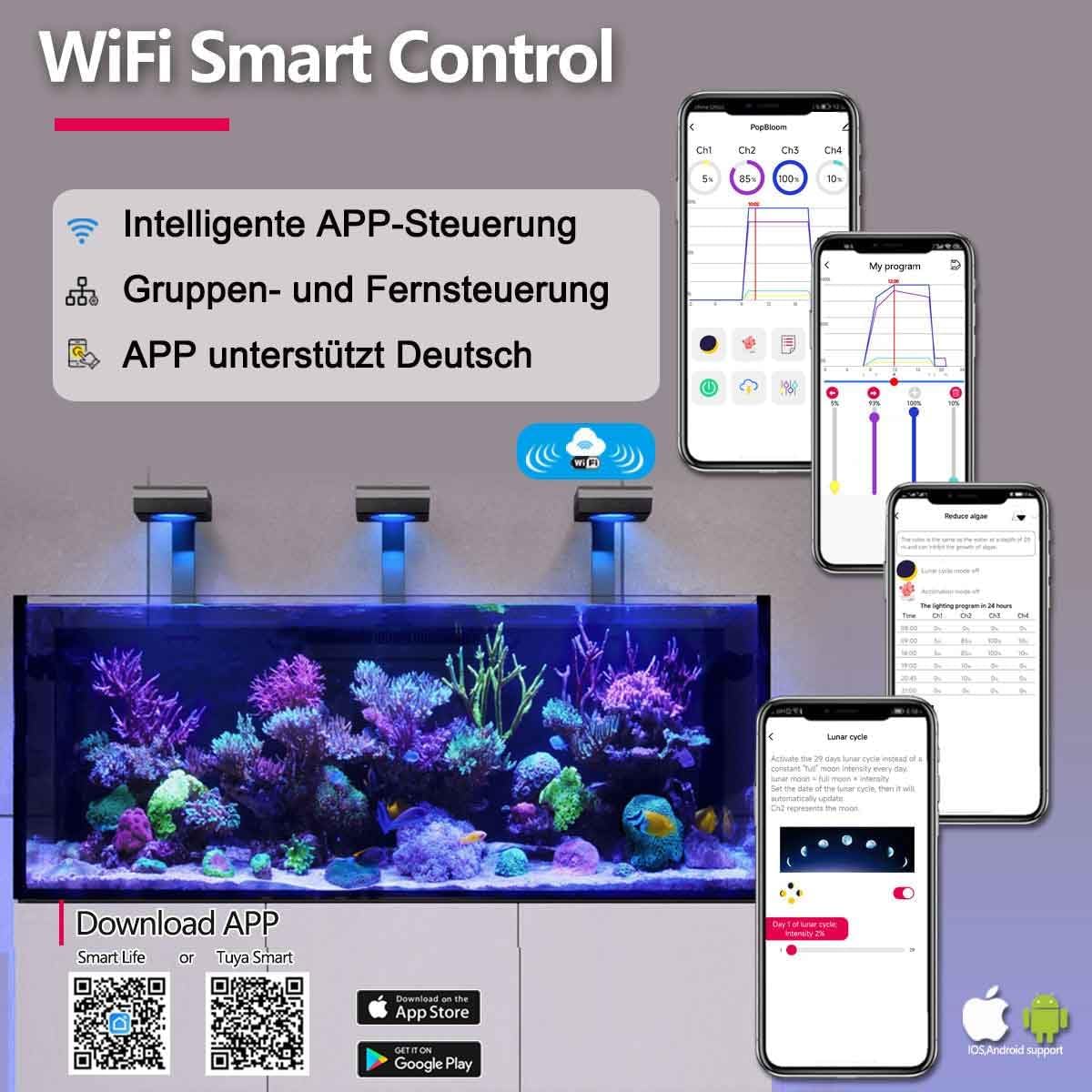 PopBloom RL90 WiFi luz led Acuario Marino, lampara Acuarios Pantalla led Acuario Coral, Luces para acuarios (1 Lámpara Con Kit de Montaje)