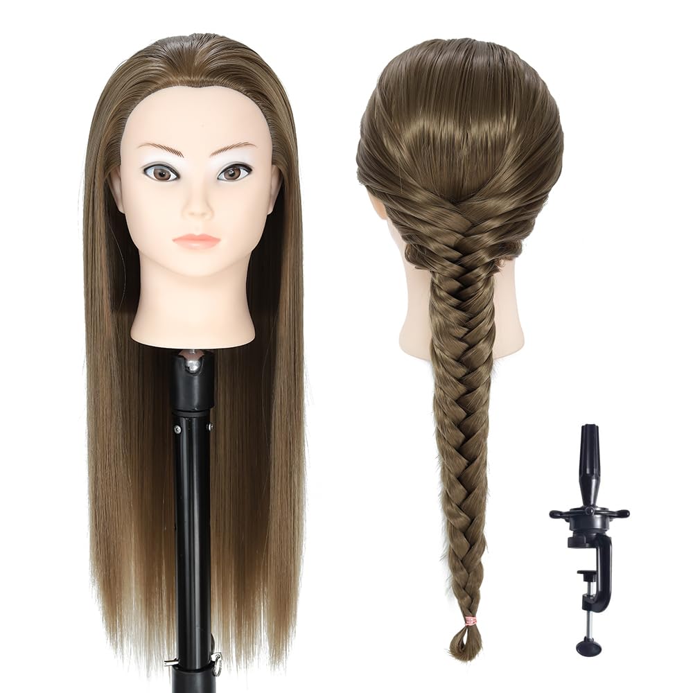 Cabeza de entrenamiento, 26-28" 100% fibra sintética pelo largo peluquería cosmetología cabeza de maniquí para la práctica de peinado con pinza libre juego de trenzado (18)