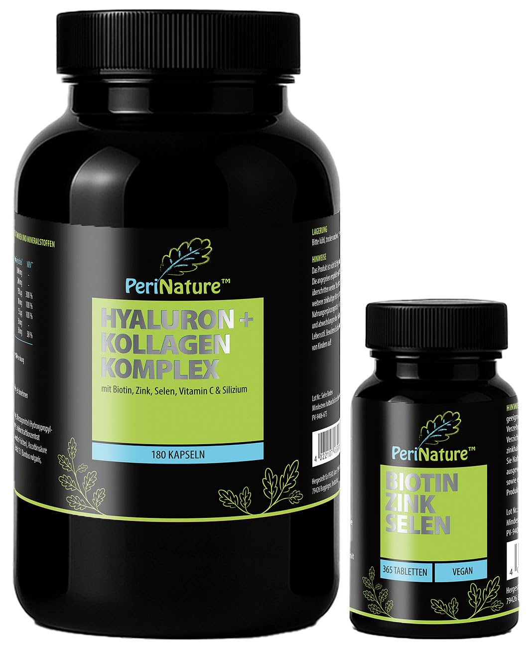 PeriNature Biotin Haarpflege: 365 Biotin-Selen-Zink-Tabletten und 180 Hyaluron-Kollagen-Kapseln (Kollagen Kapseln Hochdosiert, Collagen Kapsel)