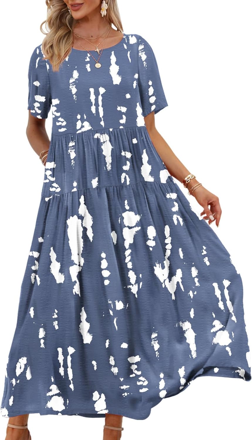 Women Casual Loose Bohemian Floral Dress with Pockets Short Sleeve Long Maxi Summer Beach Swing Dress EJF