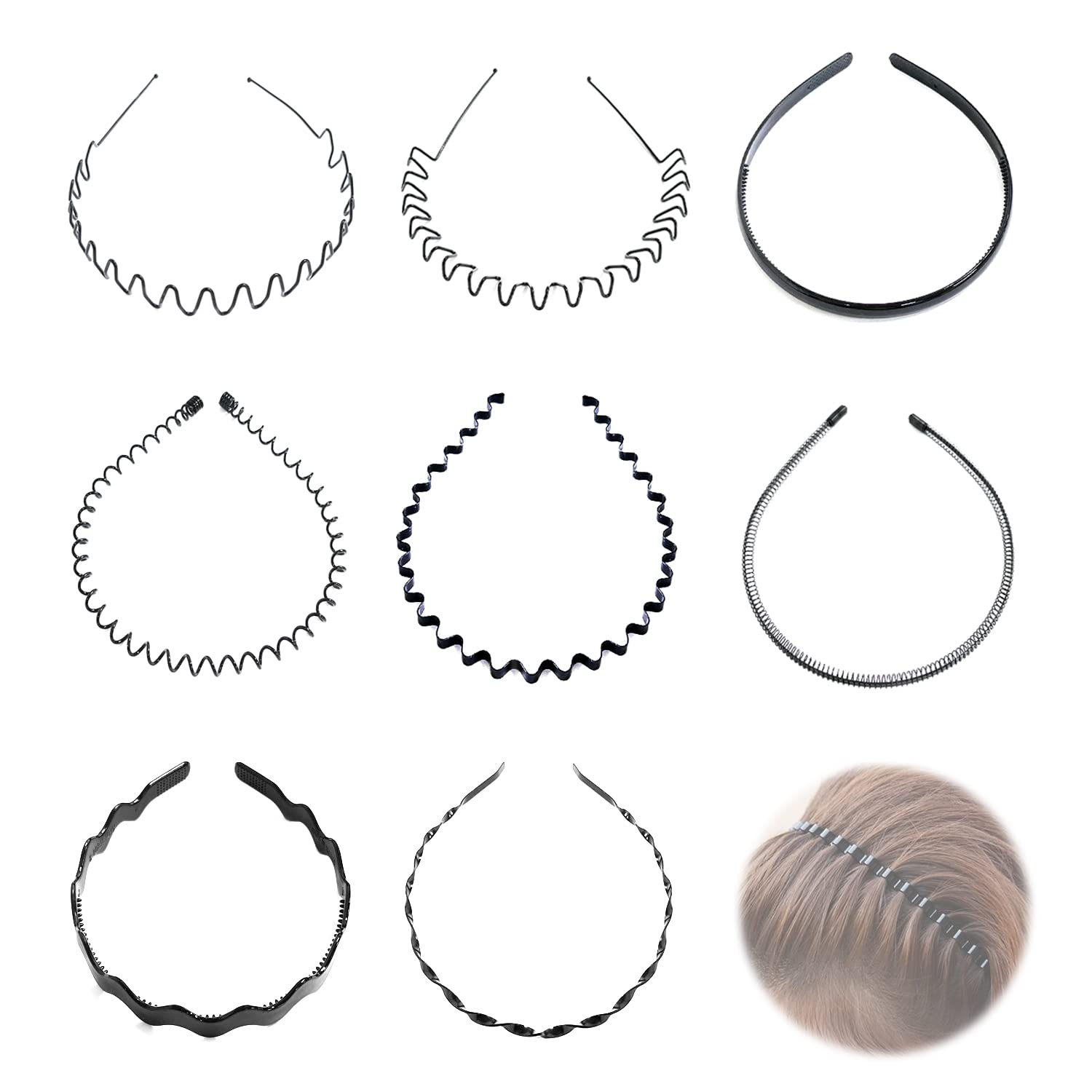 8 Pcs Black Metal & Plastic Headbands, Universal Headbands for Men and Women, Simple and Elastic, for Face Washing, Sports, Work, Bathing and Facial Care.