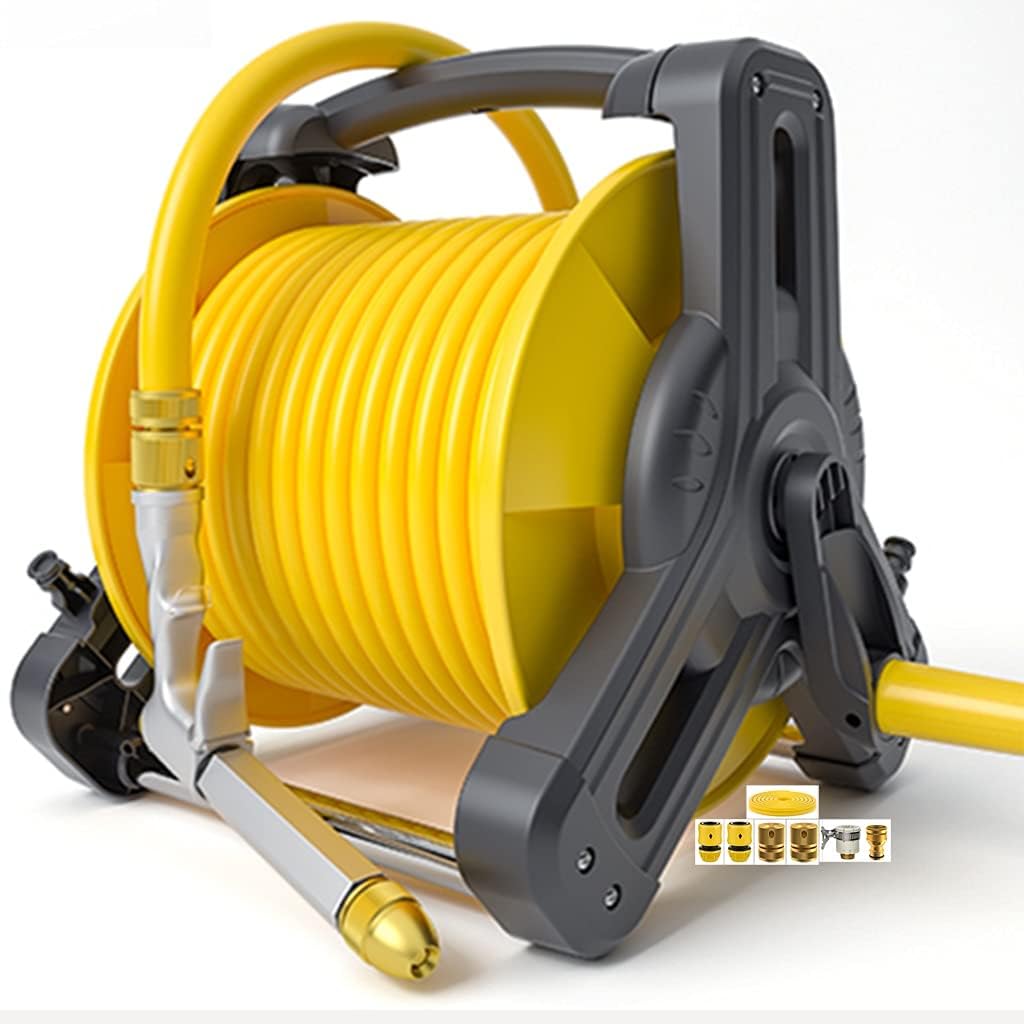 Garden Hose Reel Cart with Hose,Outdoor Portable Car Wash High-Pressure Water Gun Hose Storage Rack, Garden Hose Reel Car, Household Storage Tools (Color : Yellow, Size : +DN15 25m Pipe)