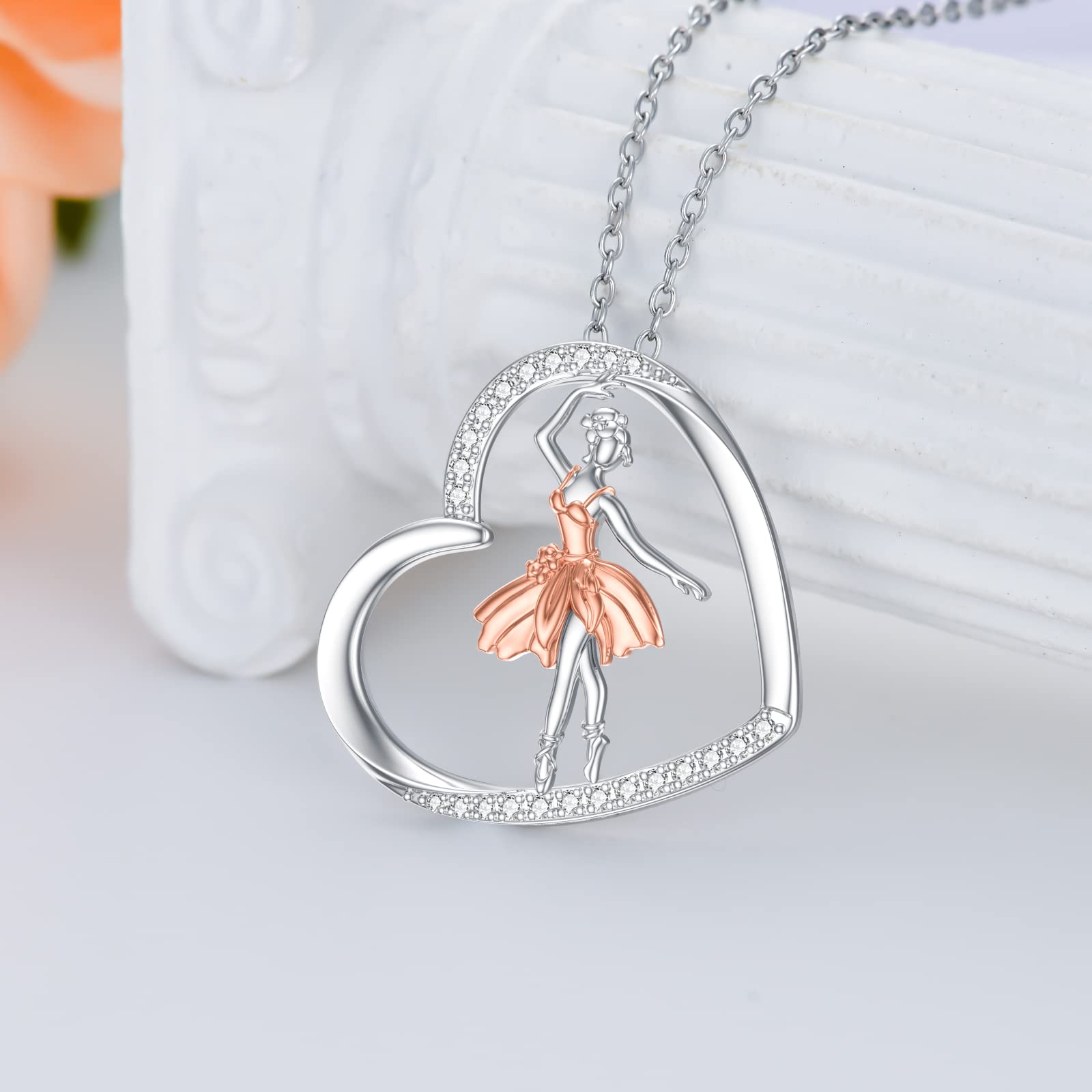 ROMANTICWORK Ballerina Kette Sterling Silber Ballett Tanzen Mädchen Halskette Ballerina Herz Anhänger Halskette Schmuck Geburtstag Geschenk für Damen Tochter