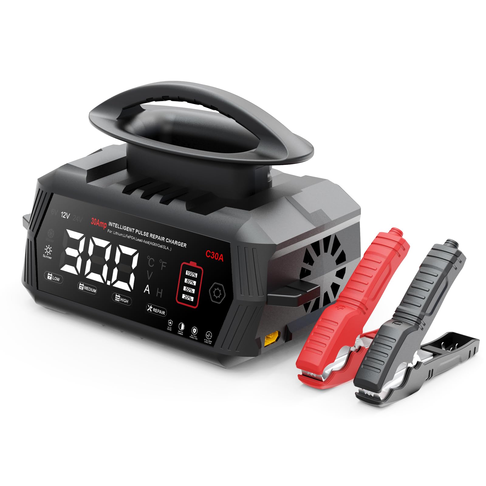 Haisito Caricabatterie per auto C30A, 6 V/12 V/24 V, 30 A, per camion, veicoli agricoli, navi, ecc., batterie al litio, LiFePO4 e batterie al piombo acido (AGM, Gel, MF, EFB, SLA, VRLA).
