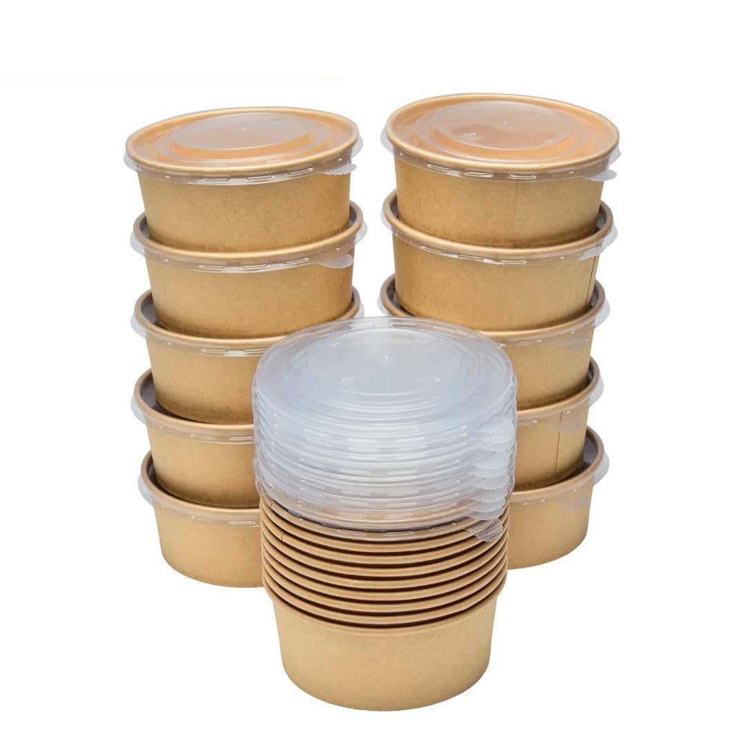 London Coffee Cups 750ml / 26oz Kraft Round Takeaway Containers with Lids, Disposable Paper Salad Bowls for Poke, Hot Food, Catering and Meal Prep, 145 x 145 x 60 mm, Pack of 50