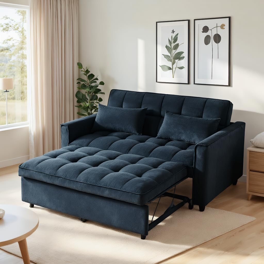 Modern Velvet Sofa Bed with 3-Level Adjustable Backrest & Included Pillows, Pull Out Convertible Sleeper Chair with High Density Foam for Small Spaces (Black)