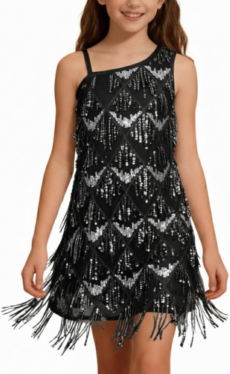 WELAKEN Girls One Shoulder Sequin Fringe Flapper Dress with Side Zipper