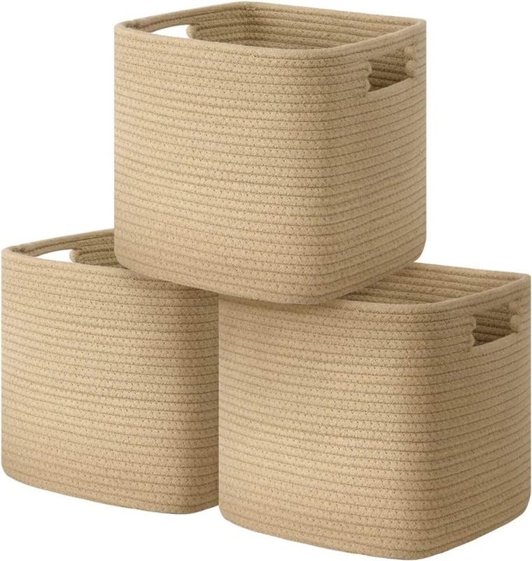 GRATIFY Cotton Rope Storage Baskets Set of 3 Foldable Woven Basket, Decorative Rope Basket with Handles for Organizing Toy, Towel, Clothes, 10.5" x 10.5" x 11", (Brown)