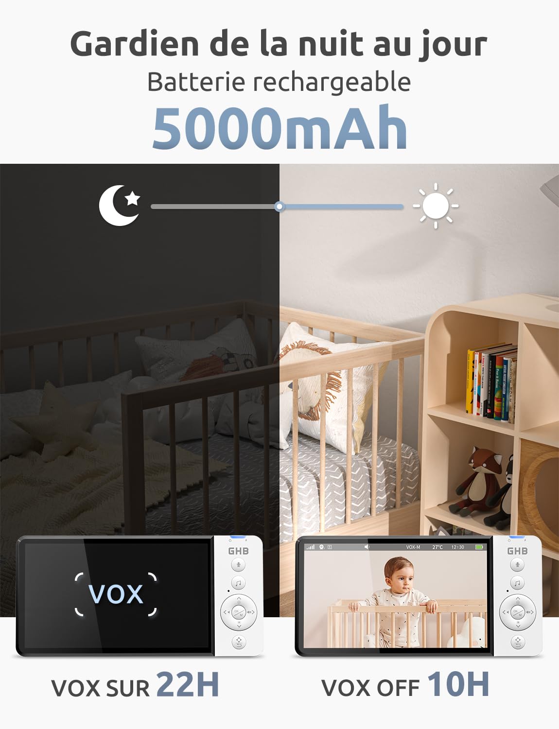 GHB Babyphone Caméra 5" Caméra Bébe Surveillance Rotation 350° 5000 mAh 720P HD Mode VOX Vision Nocturne Capteur de Température 8 Berceuses