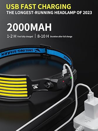 Smiling Shark Rechargeable Headlamp, 230Wide Angle 6*White Light The Brightest LED Head Lamp Waterproof Headlight for Camping Hiking Outdoor, Head-Lamp-LED-Frontale-Rechargeable