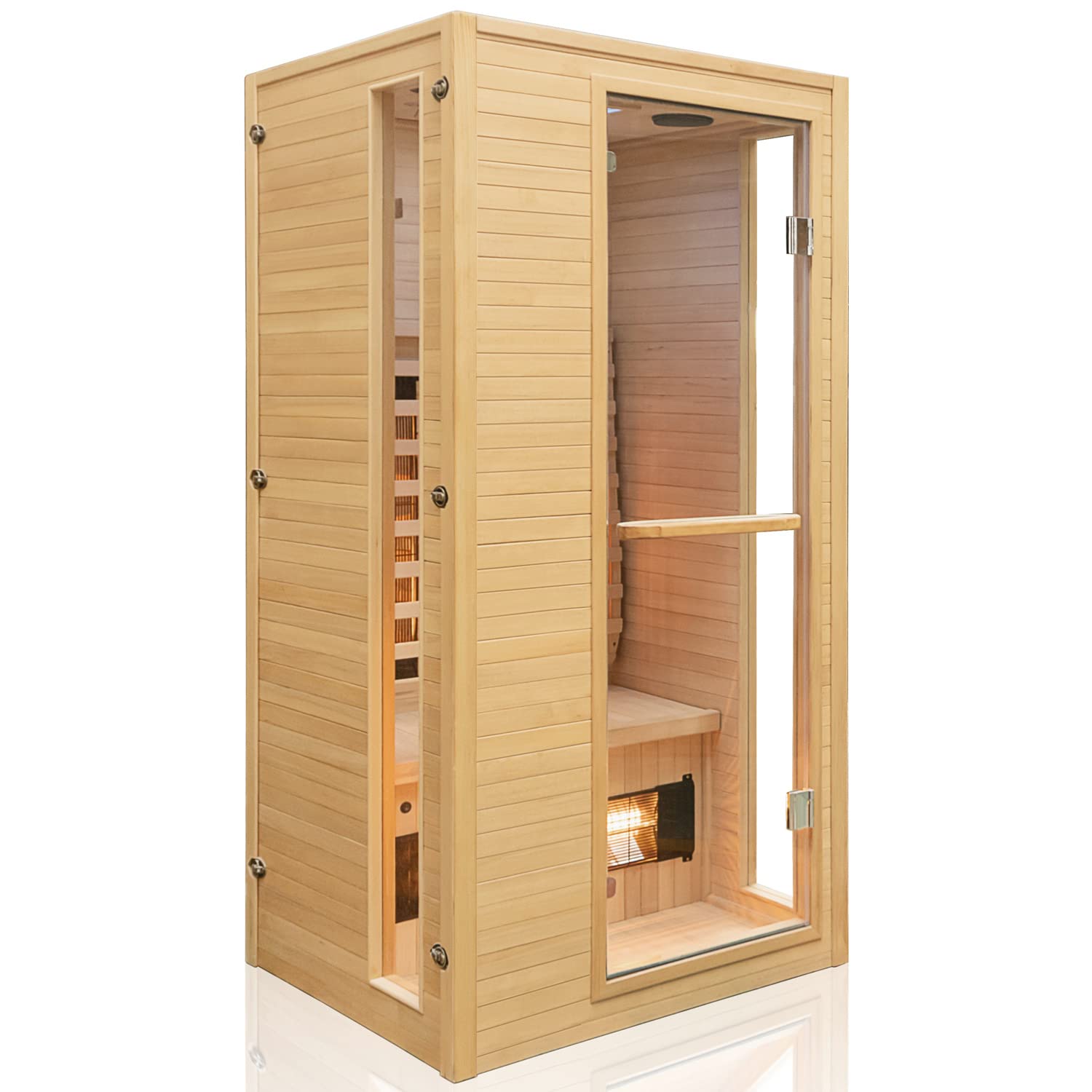 Dewello® Infrarotkabine Infrarotsauna Calgary 90cm x 90cm 1 Person inkl. Vollspektrumstrahler, Ionisator mit Aroma Therapie, LED-Farblichttherapie aus Hemlock Tannenholz