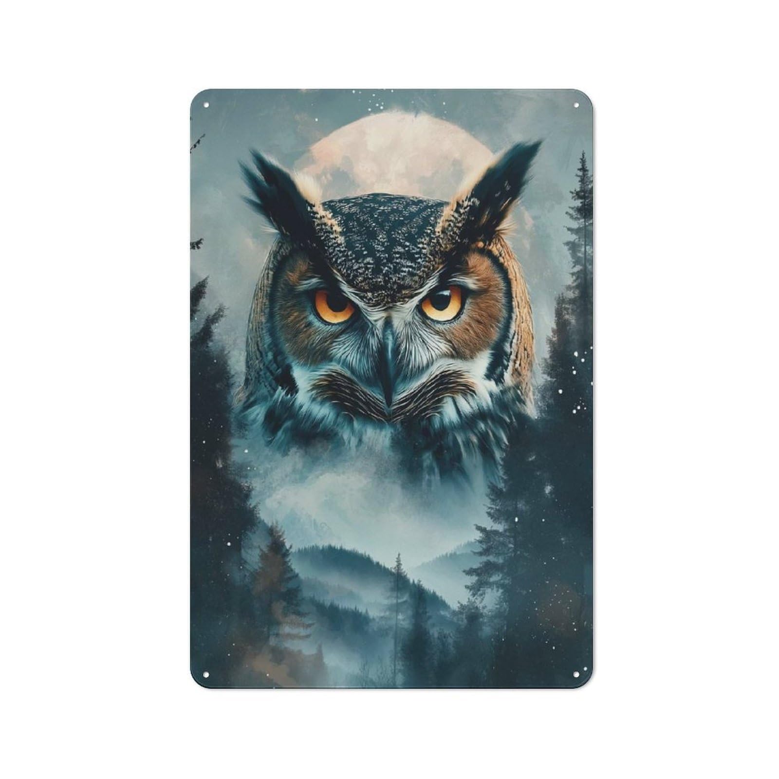 Junmoney Style-23 Tin Wall Plaque 30X20cm With Owl In Forest Under Moonlight For Home Office Or Studio, For Garage, Workshop And Man Cave Decoration