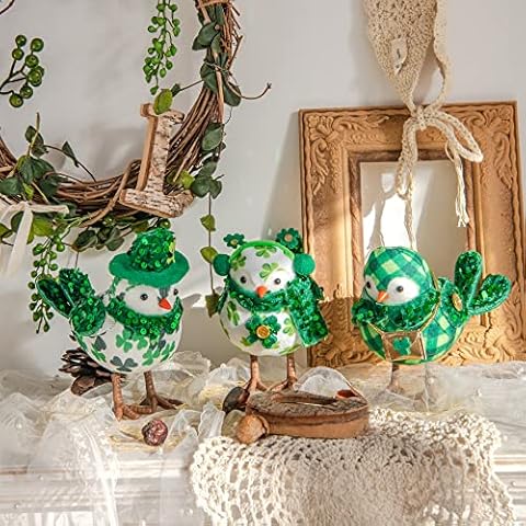 FENGJIDA St Patricks Day Decorations,Set of 3 Irish Handmade St.Patrick's Day Birds with Green Hat & Lucky Leaf Clover,Home Kitchen Table Fireplace Mantel Ornaments, St Pattys Day Gifts Cover