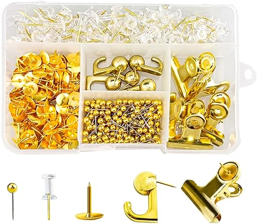 Juego de 460 alfileres dorados de 5 estilos, ganchos de metal para empujar, pinzas para el pulgar, juego de tachuelas para tablero de anuncios de