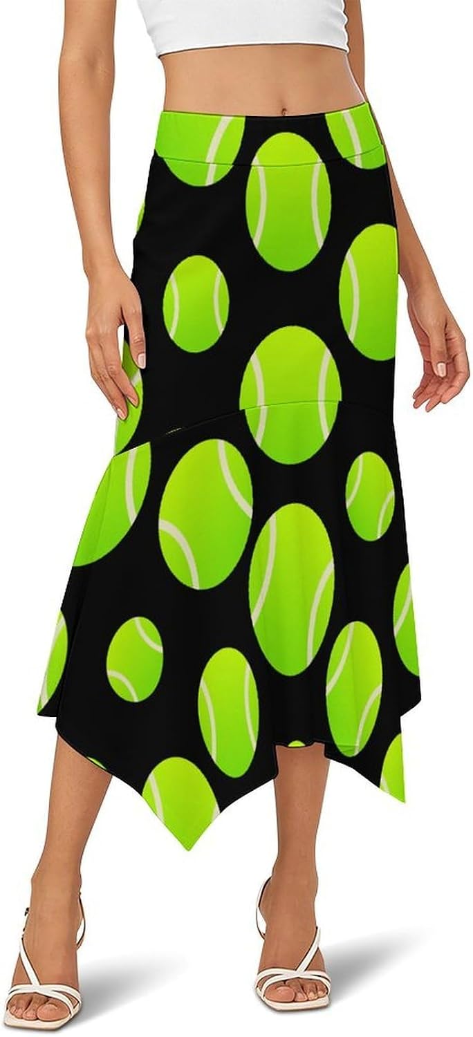 Tennis Ball Women's Midi Skirt Elastic High Waist Trendy Irregular Hem