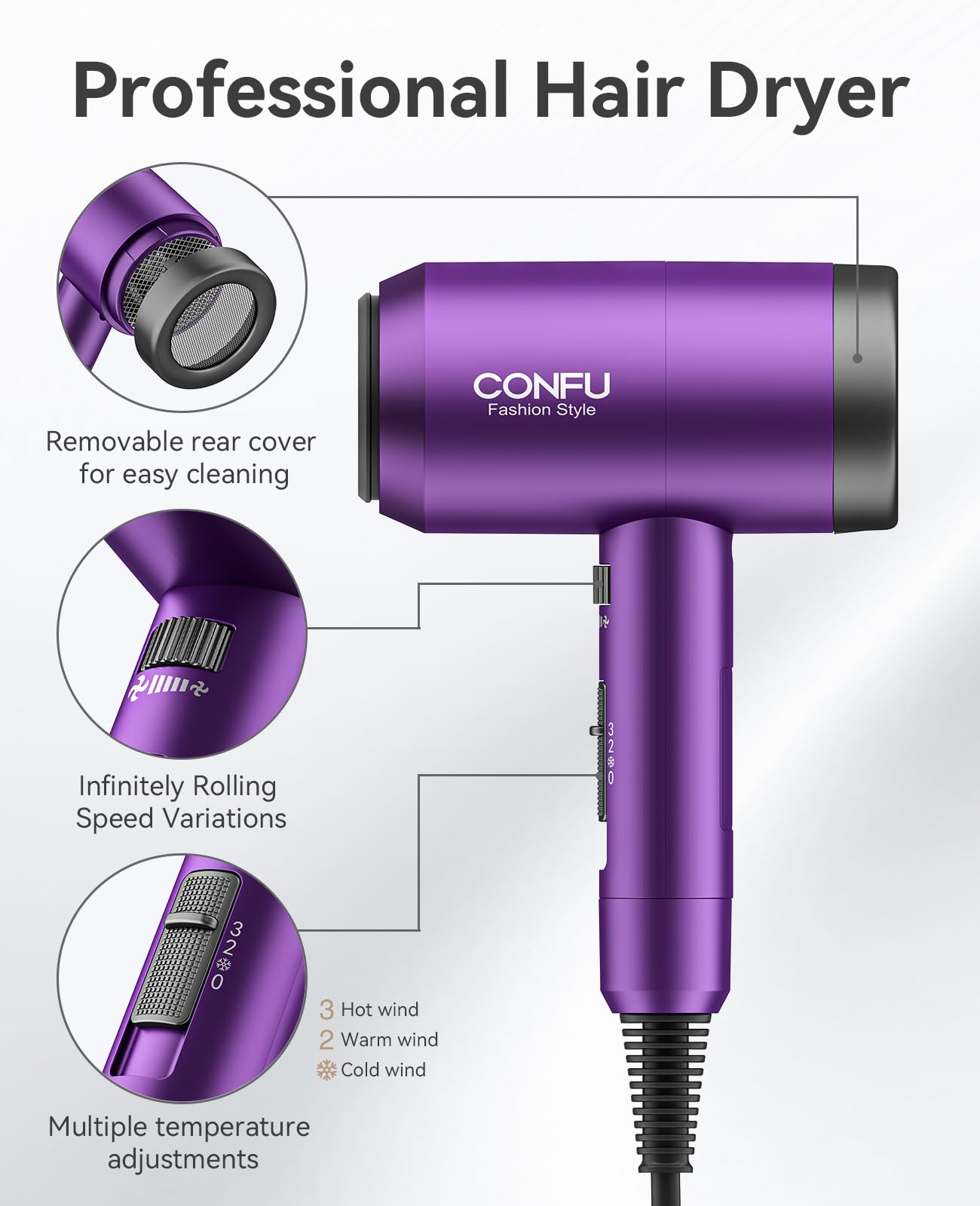 Secador de pelo con difusor, secador iónico de 1600 W, portátil, ligero, secado rápido, secador de pelo de iones negativos, 3 ajustes de calor con difusor y boquilla concentradora para el 6