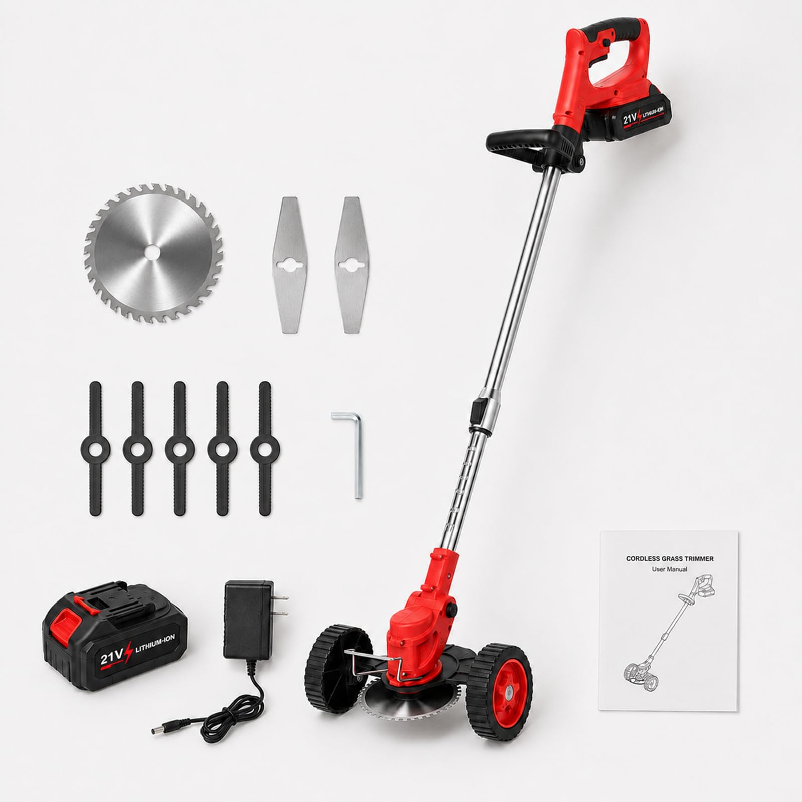 Cortabordes Inalámbrico con Disco de Sierra de 15 cm y 7 Cuchillas Red-15-CellBattery | El disco corta ramas pequeñas, las cuchillas metálicas trabajan maleza densa y las plásticas perfilan el césped