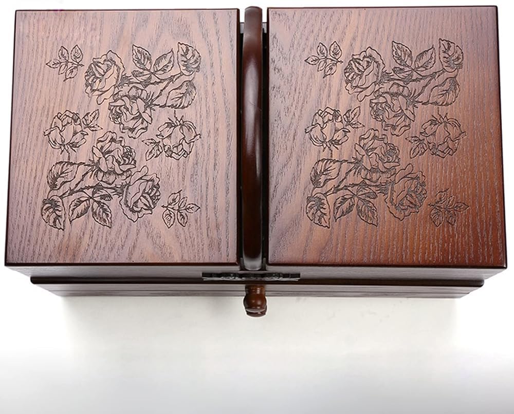 Caja de costura de madera, cestas de costura grandes con 2 cajones, organizador de herramientas de costura con compartimento, fácil de llevar, para el hogar y bordado