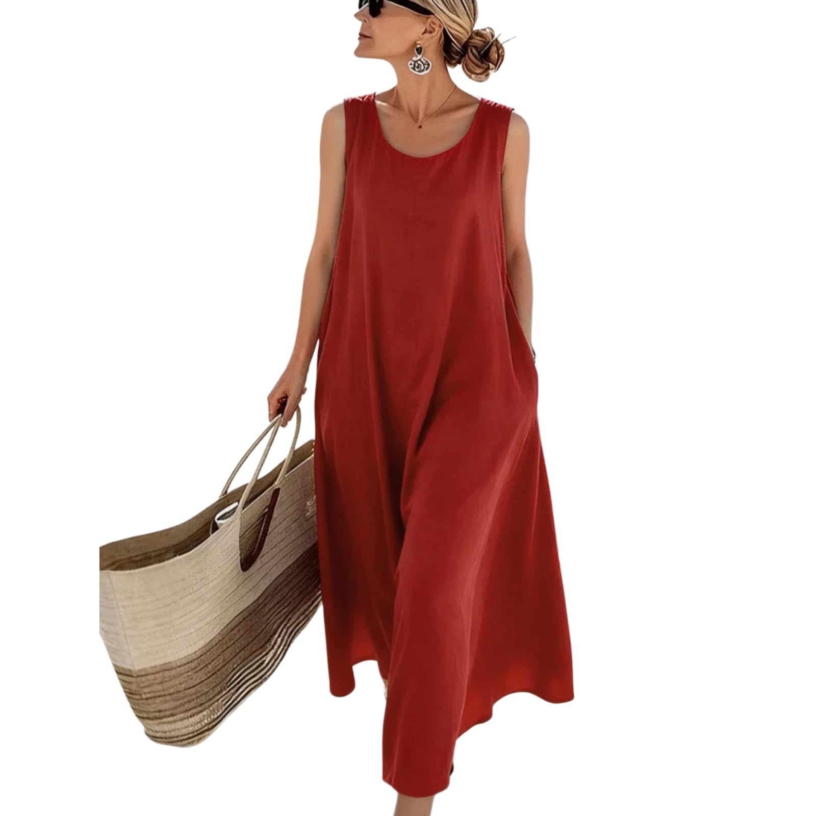 Vestido de Moda Suelto de Escote Redondo de Largo Medio cómodo para el día sin Mangas para el Verano