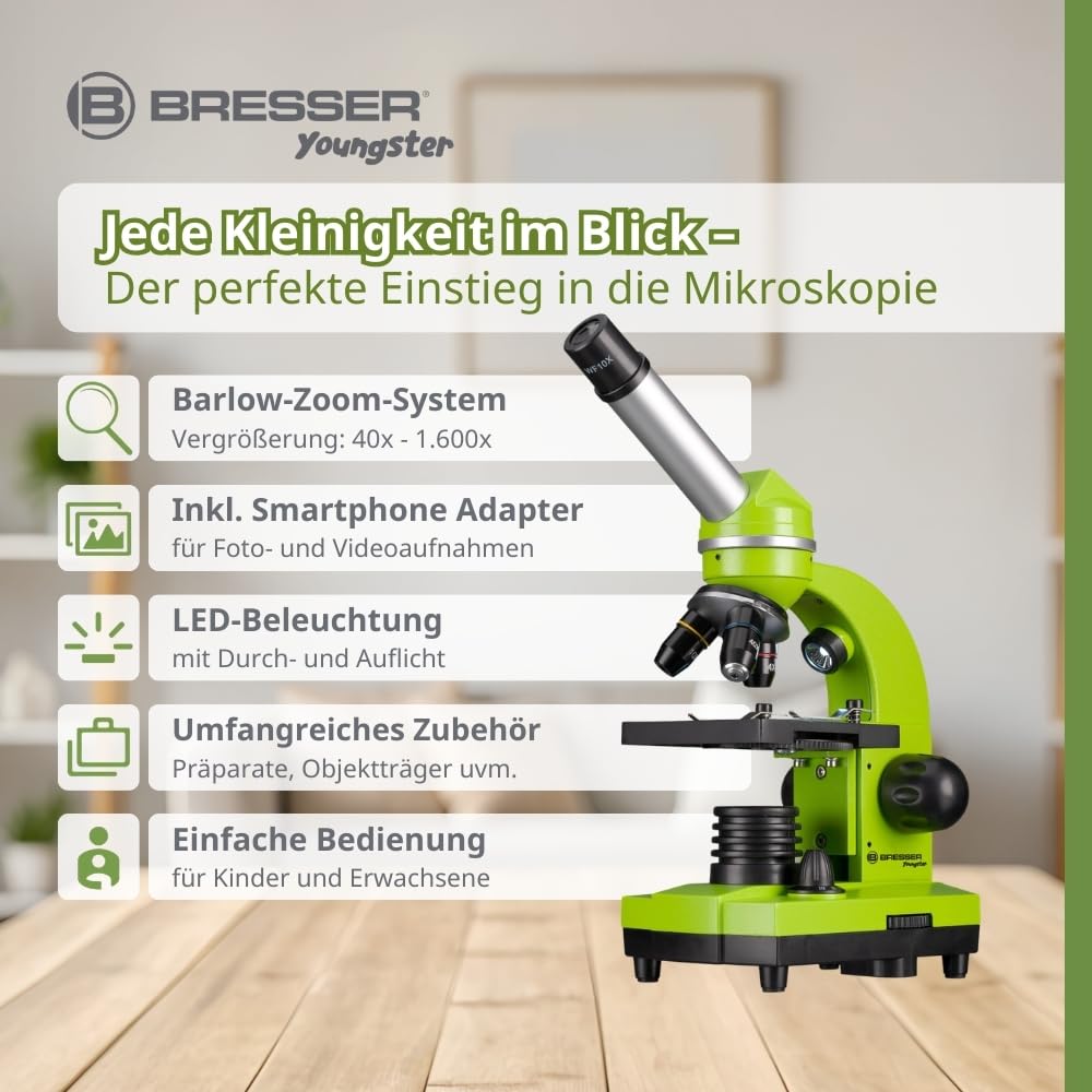 Bresser Junior Schülermikroskop BIOLUX SEL mit Smartphonehalter, reichhaltigem Zubehör und Barlow-Zoom-System für Kinder, Einsteiger und Erwachsene, grün