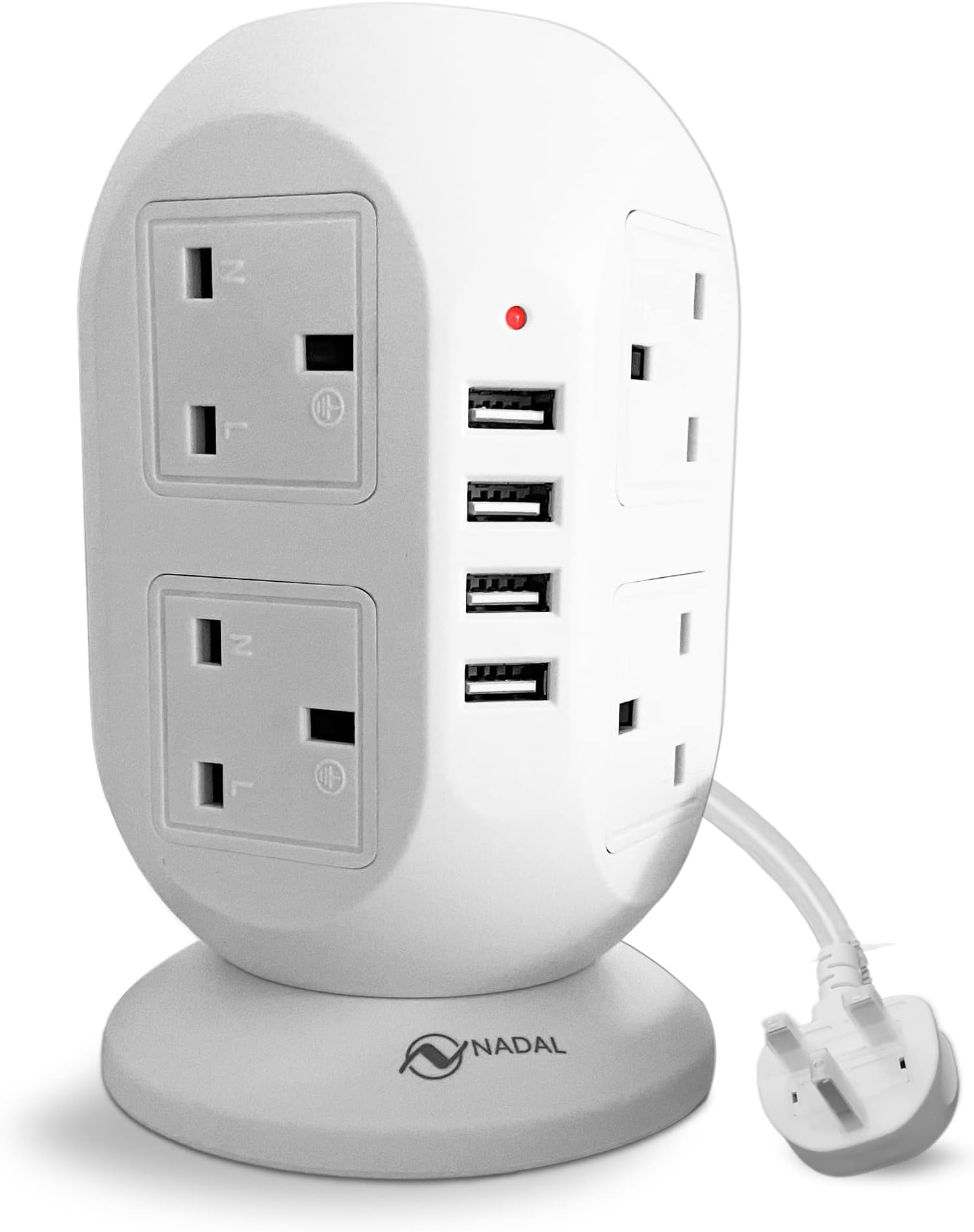 Tower Extension Lead - 3m cord Tower Electrical Wire Extension with 8 AC electrical ports, 4 USB slots | Surge Protection Circuit Breaker & Fireproof ABS - White