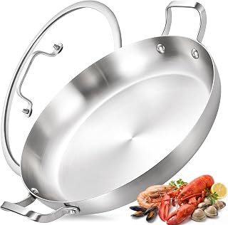 Inqibee 14 Inch Tri-ply Stainless Steel Paella Pan with Lid