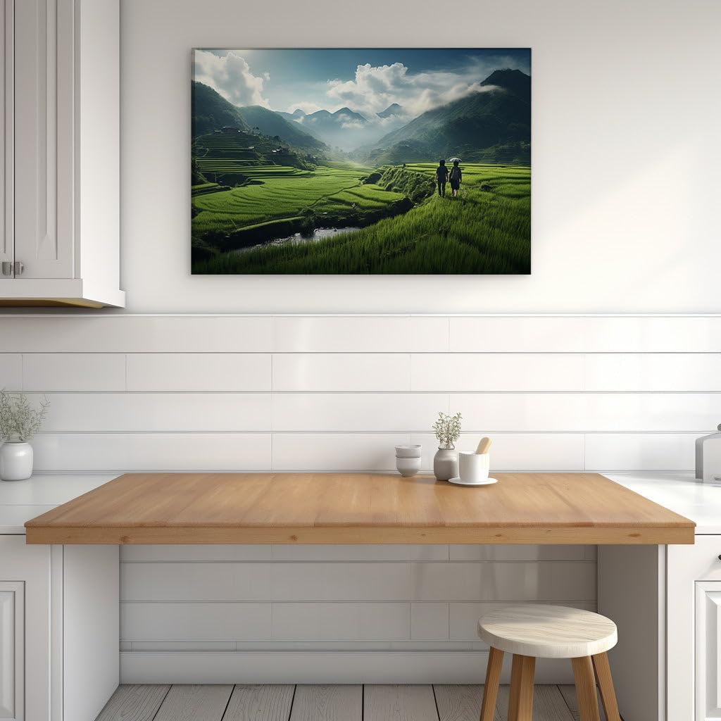 Canvas for Living room. Under a Sheltering Umbrella: A Serene Stroll Through Verdant Rice Fields, 27 x 18 inch Canvas Wall Art - Contemporary Masterpieces - Modern Home Decor