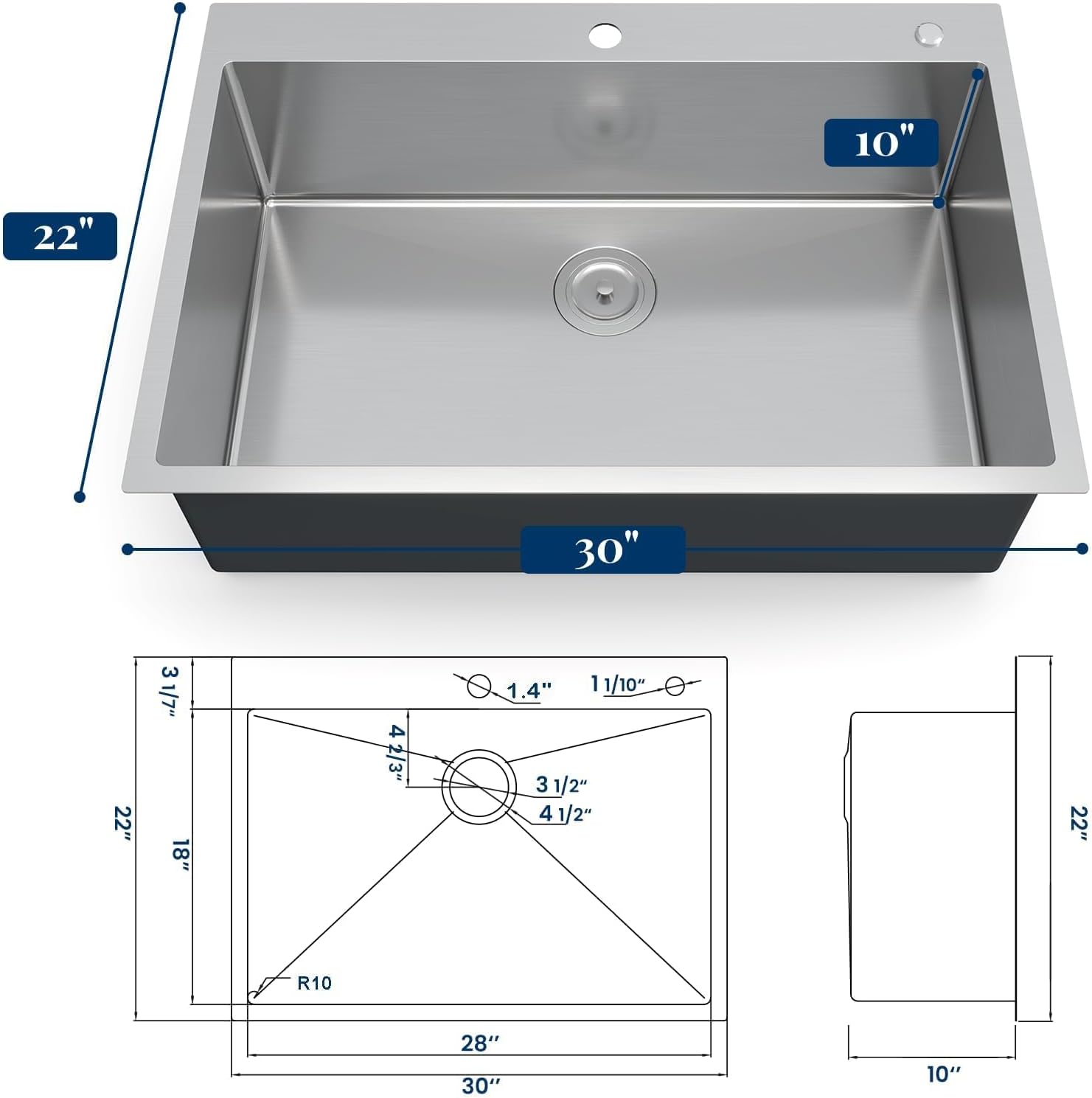GarveeTech Kitchen Sinks,30×22×10 inch Drop-In Single Bowl Stainless Steel Kitchen Sink – 2.0mm Rim, 1.0mm Bowl, Deep 10 inch Basin, Brushed Finish, Grid & Drain Kit