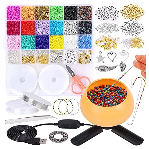 PP OPOUNT Electric Bead Spinner with 18385 PCS Glass Seed Beads and Large Eye Beading Needles, Electric Bead Spinner for Jewelry Making, DIY Seed Beads, Waist Beads, Bracelets