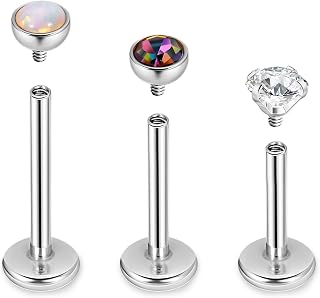 16G 18G 3PCS G23 Titanium Internally Threaded Labret Monroe Stud Lip Rings Opal CZCartilage Helix Tragus Stud Earrings Conch Stud Titanium Piercing Jewelry for Sensitive Skin 6MM 8MM 10MM