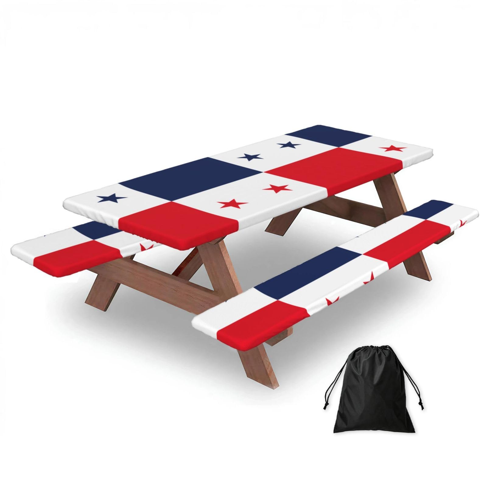 Flag Of Panama Print 183cm Picnic Table Cover With Bench Covers, Waterproof Elastic Tablecloth Set For Outdoor