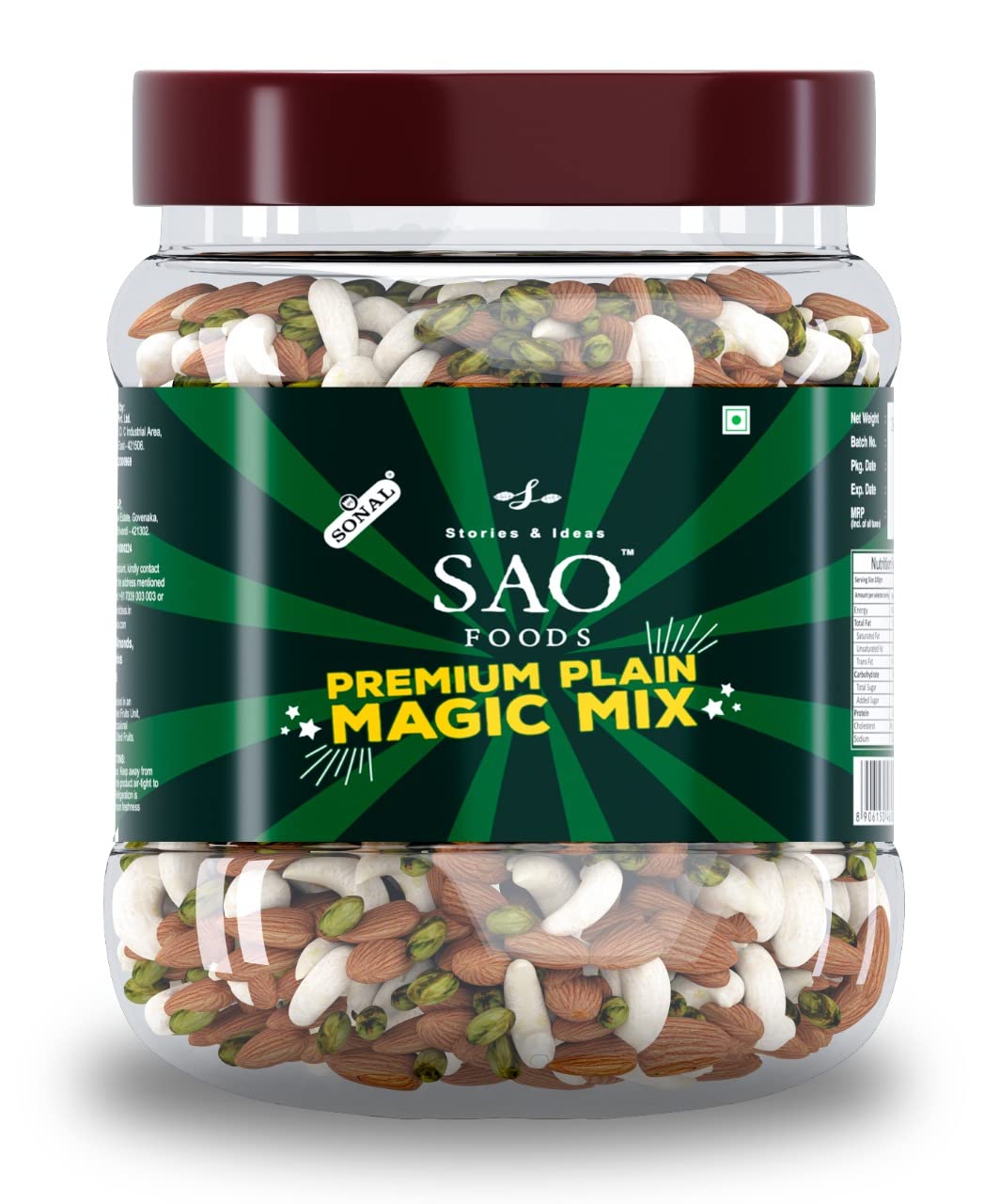 Sao Foods Roasted & Unsalted Premium Magic Mix 250 gm, Mixed Nuts, Cashews + Almonds + Pistachios, PET Jar, Mind Booster Dry Fruits, Nutritious Snack Food, Source of Vitamins and Minerals, High Protein