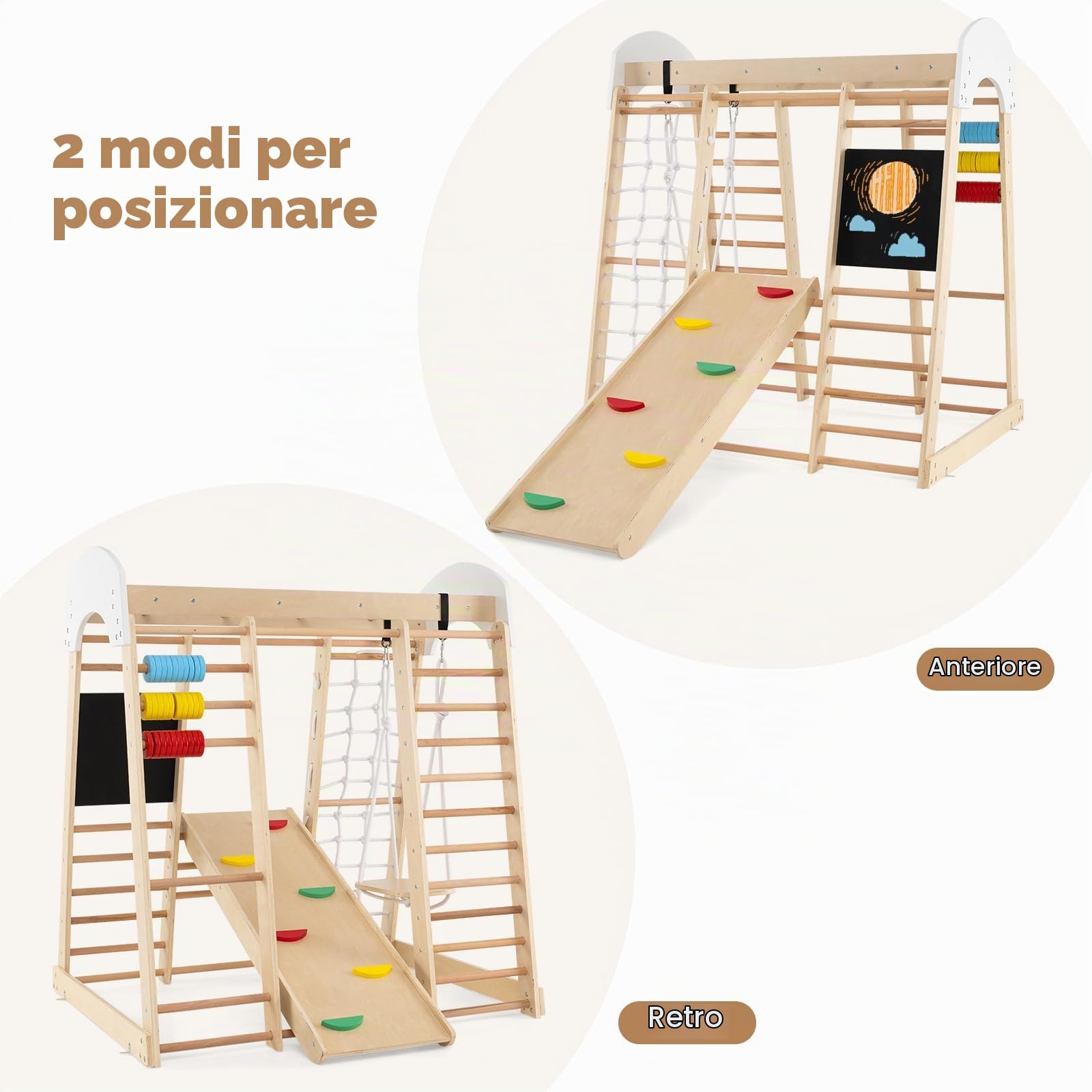 HOMASIS Struttura da Arrampicata in Legno da Interno, 7 in 1 Parco Giochi con Altalena, Scala, Rete da Arrampicata, Barre, Abaco e Lavagna, Palestra per Bambini dai 3+ Anni (Naturale)